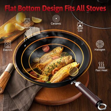 Вок Jobin 32 см з вуглецевої сталі з кришкою, дерев'яним та сталевим ручками, для приготування азійських страв (3-5 осіб), сумісний з Induktion, електро та газовими плитами - Чорний