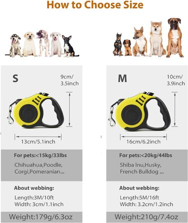 Повідець для собак PETCUTE висувний, повідець для собак з міцним нейлоновим ремінцем, ергономічна Нековзна ручка, повідець для собак малого та середнього розміру, одноручне гальмо / пауза /засувка (5 м, жовтий)