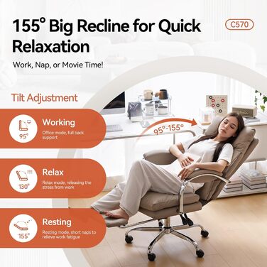 Офісний крісло EMIAH з підніжкою: ергономічний крісло для офісу та дому, з PU шкіри, підніжкою, підлокітниками та колесами. Підходить для роботи за комп'ютером та ігор. Колір: хакі. Без функції масажу.