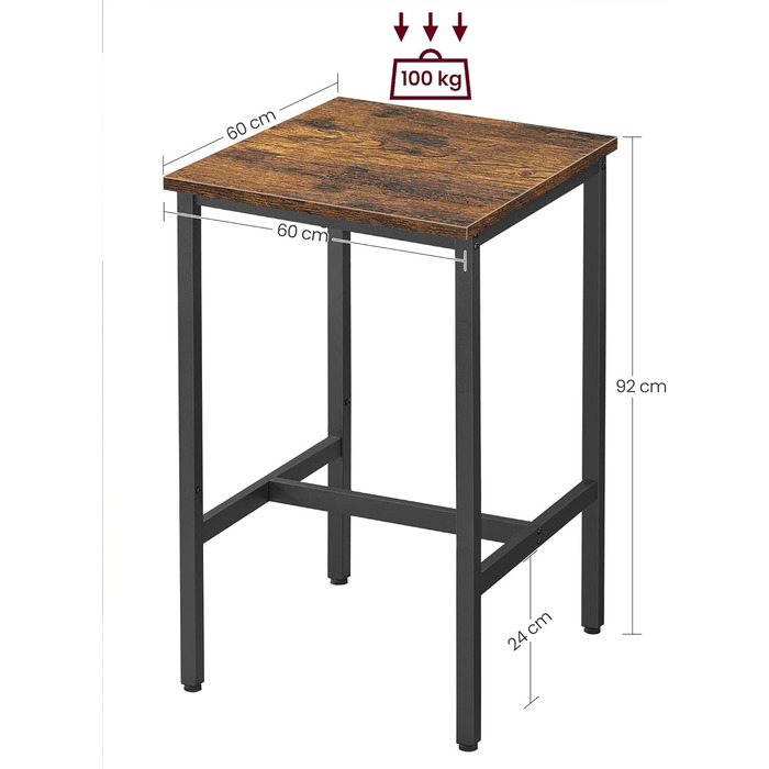 Високий стіл, барний стіл, квадратний, сталевий каркас, 60 x 60 x 92 см, легка збірка, для кухні, вітальні, індустріальний стиль, сільський коричневий і чорний LBT25 шт. Сільський коричневий чорний