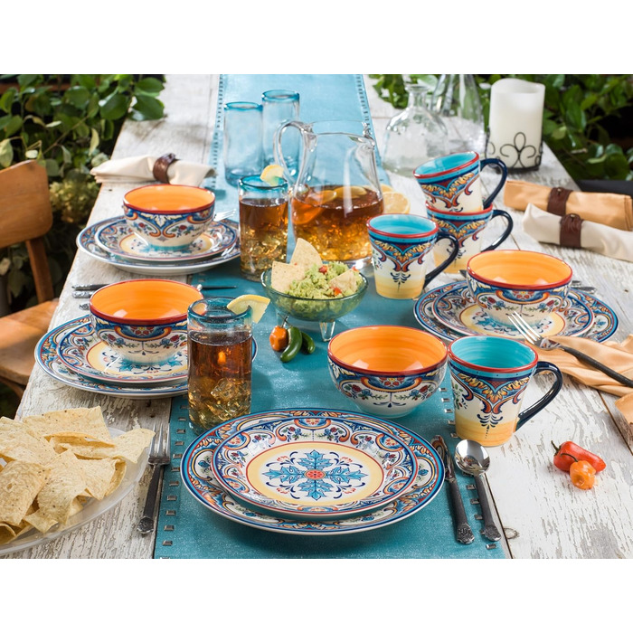 Набір посуду Euro Ceramica Zanzibar Collection, 16 частин, для кухні та їдальні, на 4 особи, з іспанським квітковим візерунком, блакитно-жовтий
