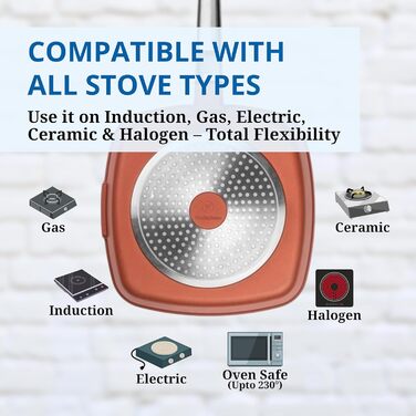 Сковорода-гриль Westinghouse PERFORMANCE SERIES 28 см з нержавіючої сталі, для індукції, грилю та всіх плит, з антипригарним покриттям, для духовки та мийки, алюміній (червоно-коричневий)