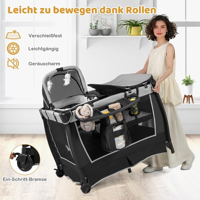 Дитяче туристичне ліжко COSTWAY 5 в 1 з матрацом, сірим кольором, до 15 кг, з пеленатором та іграшкою