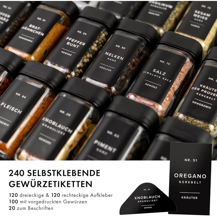 Набір баночок для спецій кутовий (24 x 120 мл) з кришками, ситечко, 240 чорних етикеток - високоякісні контейнери для спецій