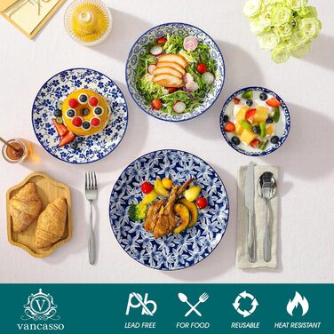 Набір кавових чашок Vancasso Selene, 6 шт., 360 мл, блакитно-білий вінтажний дизайн, для кави, молока, чаю та какао