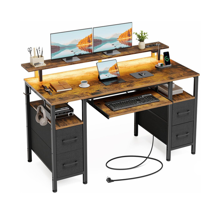 Ігровий стіл Seventable з LED підсвіткою, розетками та USB портами, шухлядами, підставкою для клавіатури та монітора (120x47x87 см, вінтажний коричневий)