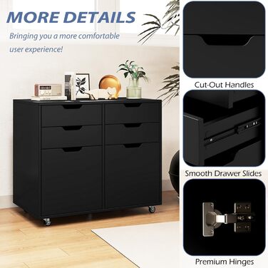 Шафа для документів Komfotteu з 5 колесами, контейнер на коліщатах з 4 шухлядами та 2 дверцятами, дерев'яний офісний контейнер, шафа для документів, візок для офісу, стіл для принтера для офісу, вітальні (Білий) (Чорний)