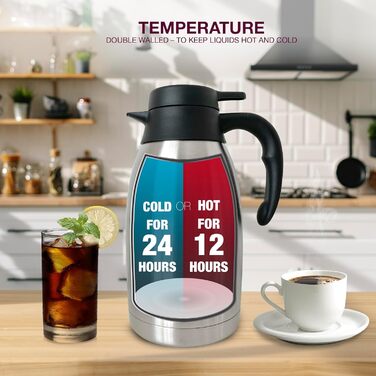 Термографин Ендрю Джеймса 2 л Вакуумний глечик з подвійними стінками, ізольований чайник і кавник з нержавіючої сталі для гарячих і холодних напоїв, термоглечик, герметичний диспенсер для кави, міцний і портативний