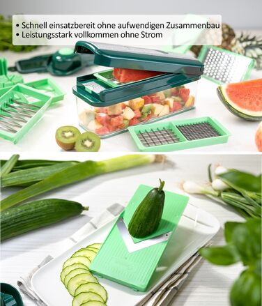 Набір для нарізки овочів Genius Nicer Dicer Exclusive 15 елементів, набір для нарізки кубиками + набір для нарізки помідорів, 4 насадки + груба тертка та шинковка, контейнер 2500 мл, зелений