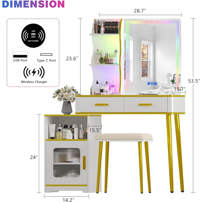 Туалетний столик Lvifur RGB зі світлодіодом, дзеркало, табурет, ящики, USB-порт для спальні (білий)