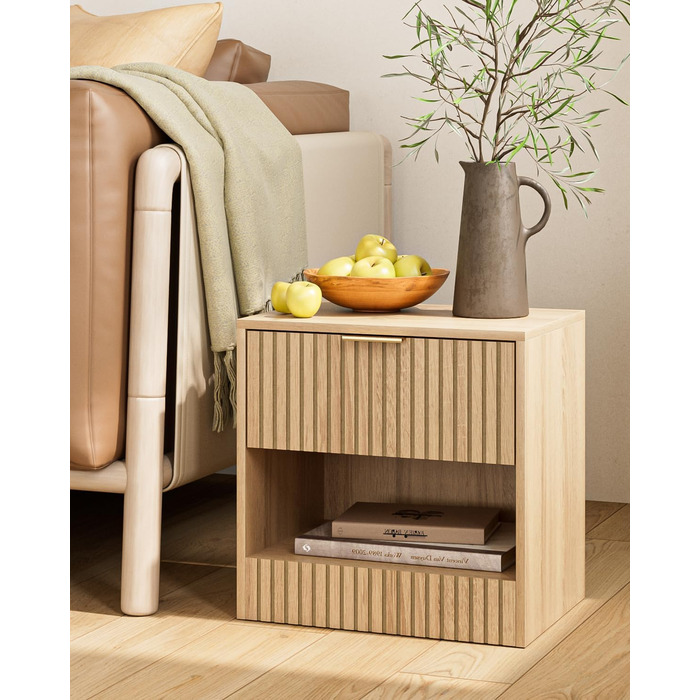 Нічний столик з дуба, дерев'яний приліжний столик з шухлядою, сучасний, компактний 39x39x28 см, для спальні, вітальні, офісу