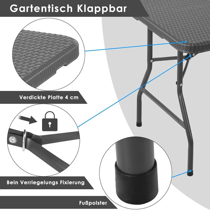 Садовий стіл складний 180x76 см, фуршетний стіл складний пластиковий, розкладний стіл з ручкою для перенесення, кемпінговий стіл на 10 осіб, стійкий до погодних умов Портативний стіл для вечірок для балкона садової тераси, ротанг до 150 кг виглядає темно-
