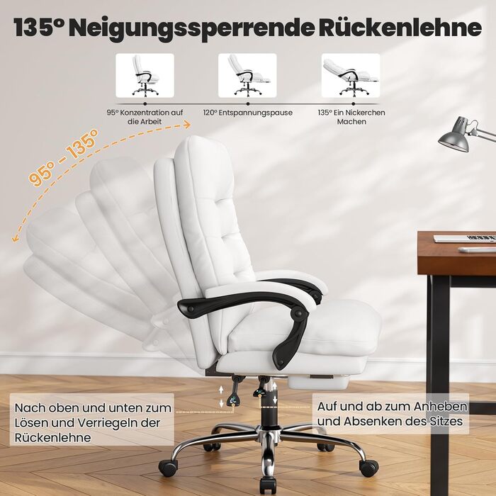 Ергономічне крісло для офісу Naspaluro з підніжкою, комп'ютерне крісло з двошаровою подушкою, високою спинкою, функцією відкидання, регулюванням висоти, з PU-шкіри, до 150 кг (Білий, Штучна шкіра)