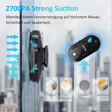 Робот для миття вікон Mamibot W110-P, автоматичний склоочисник з інтелектуальною навігацією, антифол, керування через додаток і пульт, для скла й плитки, 12 серветок, чорний