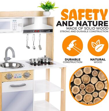 Дерев'яна дитяча кухня Kinderplay з LED та звуками приготування їжі, регульована висота 92–107 см, ігровий набір для дітей від 3 років, повний комплект з аксесуарами, світло-сірий колір (Modern - Weiß)