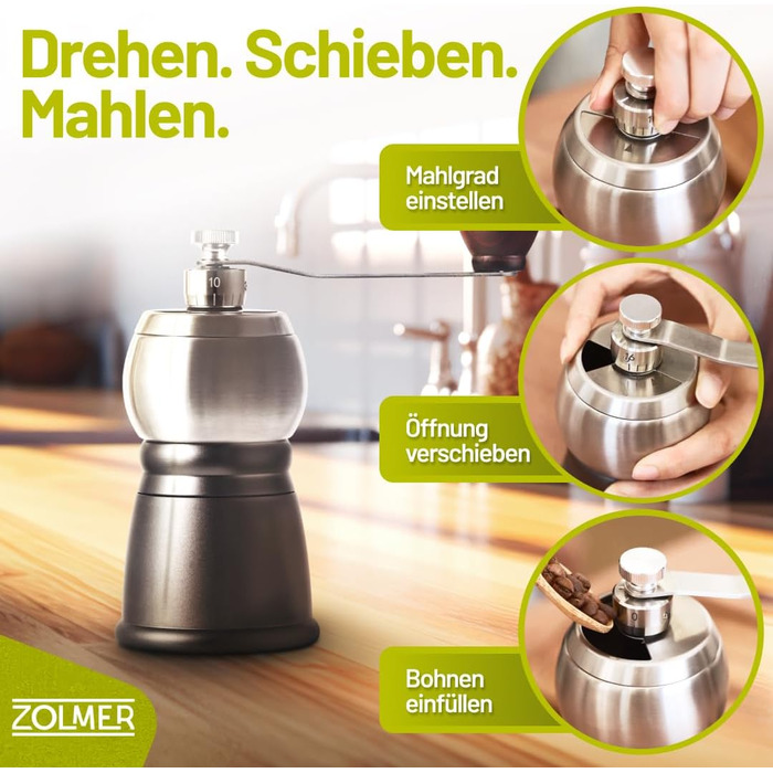 Ручна кавомолка Manuell з нержавіючою сталею, регульовані ступені помелу для еспресо, фільтр-кави та моки – компактна та міцна