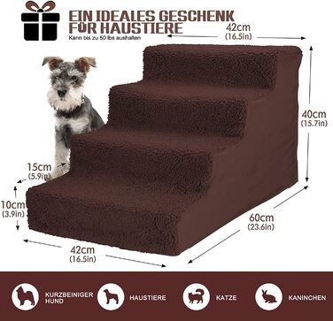 Сходи для собак Midyb висотою 50 см, 5 сходинок для маленьких собак, сходи для домашніх тварин з миється тканинним покриттям, знімна нековзна сходи для домашніх тварин для ліжка висотою 50 см, з 1 рукавичкою 1 рулоном (4 ступені коричнева сходи для собак)
