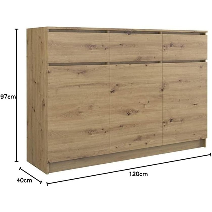 Сучасний комод 3D3S, дуб ремісник, 3 двері, 3 ящики, ідеально підходить для вітальні/спальні/дитячої кімнати, офісу