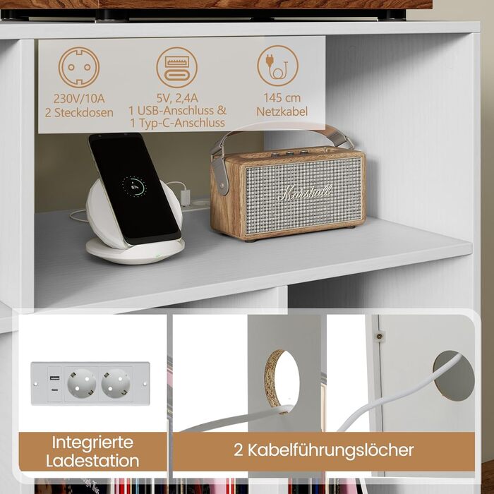 Підставка для програвача COSTWAY з зарядною станцією, тумба для програвача з полицями для зберігання вінілу, стіл для зберігання платівок з 5 металевими ніжками, комод для вітальні, музичної кімнати (білий)