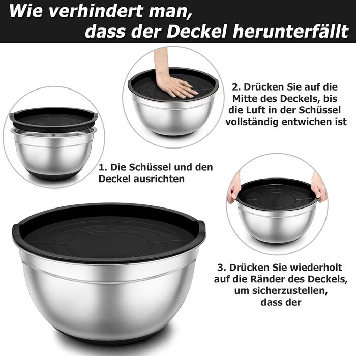 Набір місок TEAMFAR 7 шт., нержавіюча сталь, з кришками та силіконовим дном, 0,7L - 6,5L, чорний