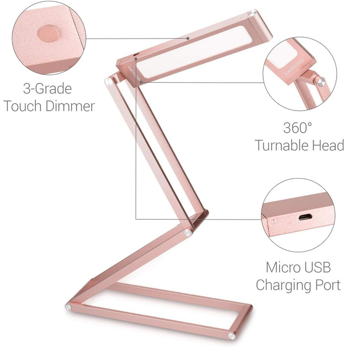 Світлодіодна алюмінієва настільна лампа kwmobile - батарея, складна, USB - рожеве золото