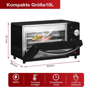 Міні-піч Wannyton 10L: піч для піци, випічки та хліба, 650W, 100-230°C, таймер, решітка, деко, чорний