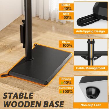 Настінна кріплення для телевізора TVON з розеткою, для телевізорів 32-60 дюймів, до 40 кг, поворотна, регульована по висоті, з безпечною дерев'яною основою, чорний, сучасний дизайн