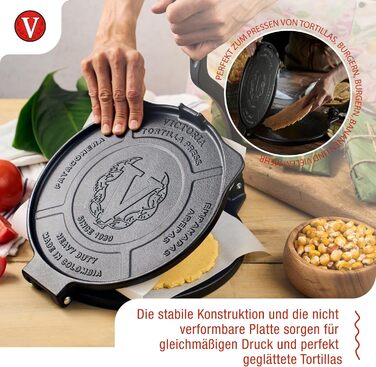 Пресс для тортилій Victoria: для мексиканських тортилій, колумбійських патаконів, роті, тако, арепас, кесадільї, емпанадас, патаконів (HD-чавун, 20 см)