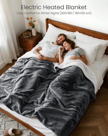 Електрична ковдра AnySun 200x180 см з автовимкненням, 6 рівнів нагріву, таймер 10 годин, захист від перегріву, сіра, для ліжка, дивану, машинне прання