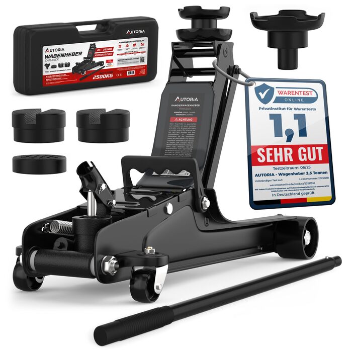 Гідравлічний домкрат Wagenheber 2.5T низькопрофільний з кейсом, 3 гумові накладки та адаптер для легкових авто та авто з заниженою підвіскою до 2500 кг, чорний