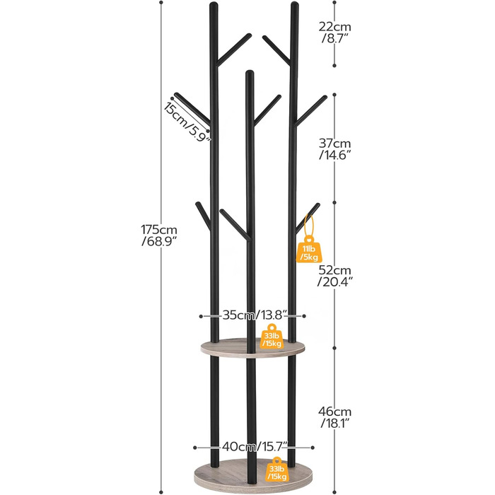 HOOBRO В'яжучий стійка для одягу, дерев'яна, з 8 гачками та 2 полицями, для вітальні, спальні, офісу, темно-коричневий/чорний