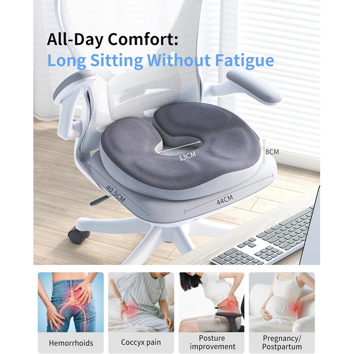 Ортопедична подушка-кільце з ефектом пам'яті Memory Foam для копчика та копчик-підтримки, пом'якшення болю при геморої, ішіасі, вагітності та післяопераційному відновленні (сіра)