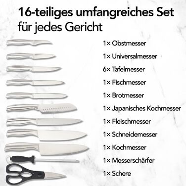 Набір ножів Brixy Messerset 16 предметів у блоці: ножі, шліфувальник, ножиці. Нержавіюча сталь, срібно-чорний колір, стійкий до подряпин.