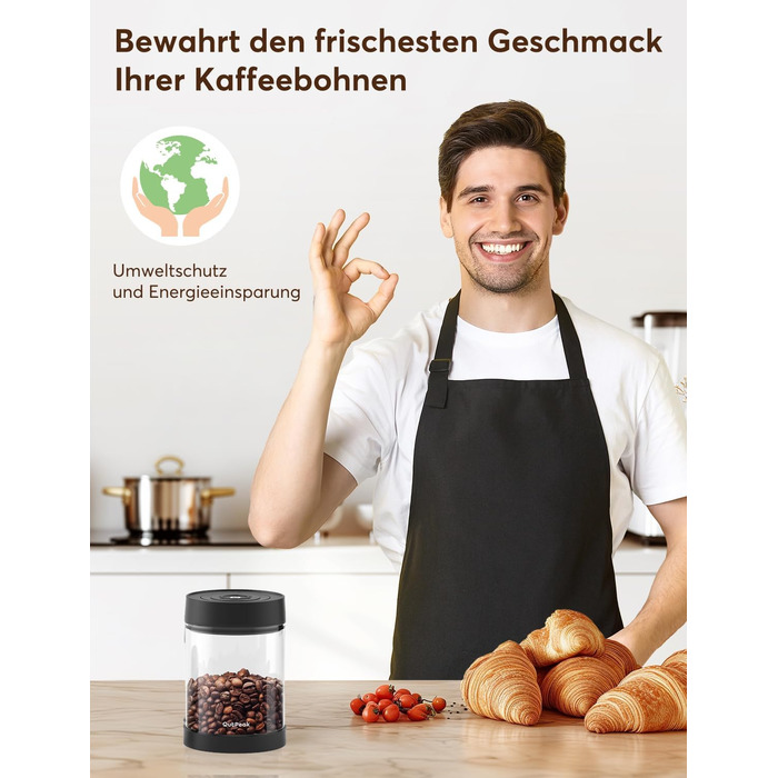 OUTPEAK Neo 2025 Kilo Auto-Vakuum-Kaffeedose: Герметичний контейнер для кави на 1,5 л (500 г) з автоматичним вакуумом, нержавіюча сталь, для бариста, подарунок (великий, матовий чорний) (G750)