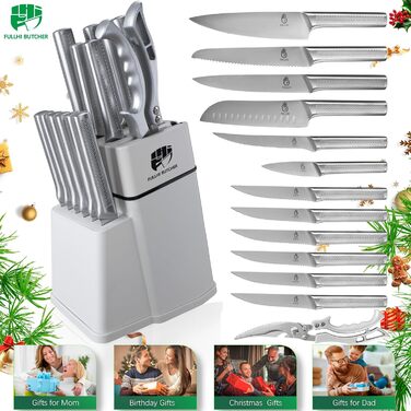 Набір кухонних ножів Fullhi 14 предметів з бруском для заточування, набір кухонних ножів з блоком, преміум якість (срібляста сталь)