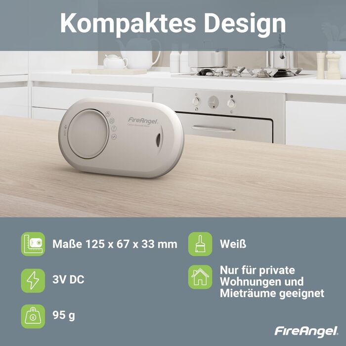 Детектор чадного газу Fire Angel FA3820 з батареєю на 10 років - для дому та подорожей, портативний CO-детектор та сповіщувач, білий