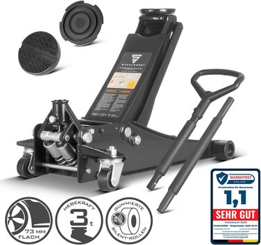 Гідравлічний домкрат Stahlwerk 3т низькопрофільний 73-500мм з гумовими колесами та поворотним руків'ям