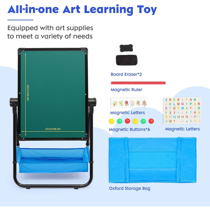 Дитяча мольберт Kinder Staffelei: двостороння дошка для малювання з крейдою та білою дошкою, регульована висота, з аксесуарами, чорний
