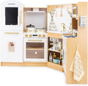Дерев'яна кухня Мамабрум XXXL з LED-підсвічуванням та диспенсером для кубиків льоду - дитяча кухня з аксесуарами (мікрохвильова піч, посуд, столові прибори) для дітей 3+