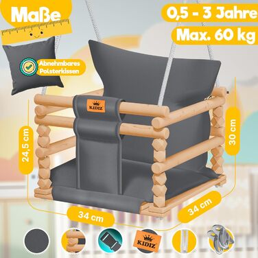 Дитячий гойдалка-колиска KIDIZ® для немовлят від 6 місяців та малюків до 3+ років. Дерев'яна гойдалка з регульованою висотою та м'якою подушкою. Для дому та вулиці, антрацит.