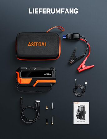 Powerbank AstroAI MF16 6000A з компресором 150PSI: старт для авто, мото, SUV (12V, 10L бензин/8L дизель), LED-дисплей, помаранчевий