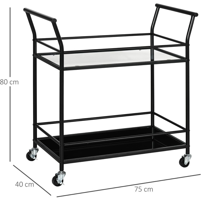 Візок для кухні HOMCOM, Візок, Візок для сервірування з 2 полицями, Металевий, Чорний, 75x40x80 см