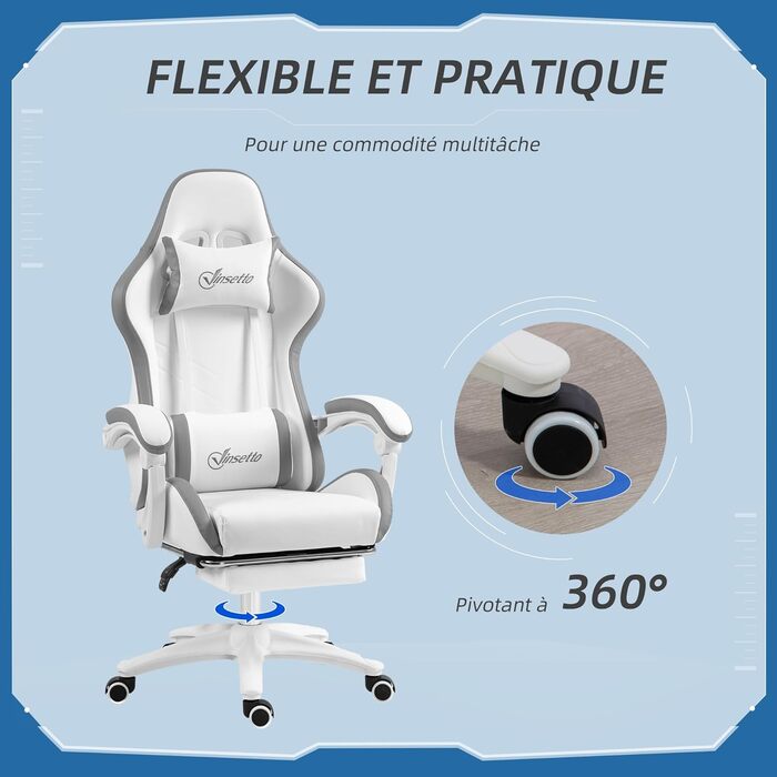 Крісло ігрове Vinsetto Ergonomic з регульованою підніжкою, спинкою 135°, підголівником та поперековою підтримкою, поворотне на 360°, PU шкіра, білий/сірий