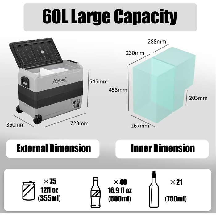 Автохолодильник Alpicool T60 60л компресорний, портативний для авто, кемпінгу, вантажівок, будинків на колесах (-20°C до +20°C) з USB
