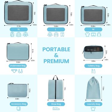 Набір органайзерів для одягу в подорож Packing Cubes для валізи, 10 шт, легкі органайзери для багажу та аксесуарів (Блакитно-зелений, Trace Of Paradise)