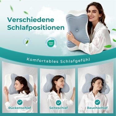 Ергономічна ортопедична подушка для шиї з ефектом пам'яті (Memory Foam) для всіх типів сну: на боці, спині та животі, синя