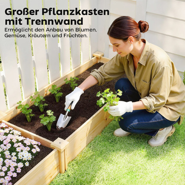 Підвищене грядка з дерева, грядка для рослин з перегородкою та відкритим дном, теплиця для розсади, садовий грядка 235 x 66 x 26 см, натуральне дерево