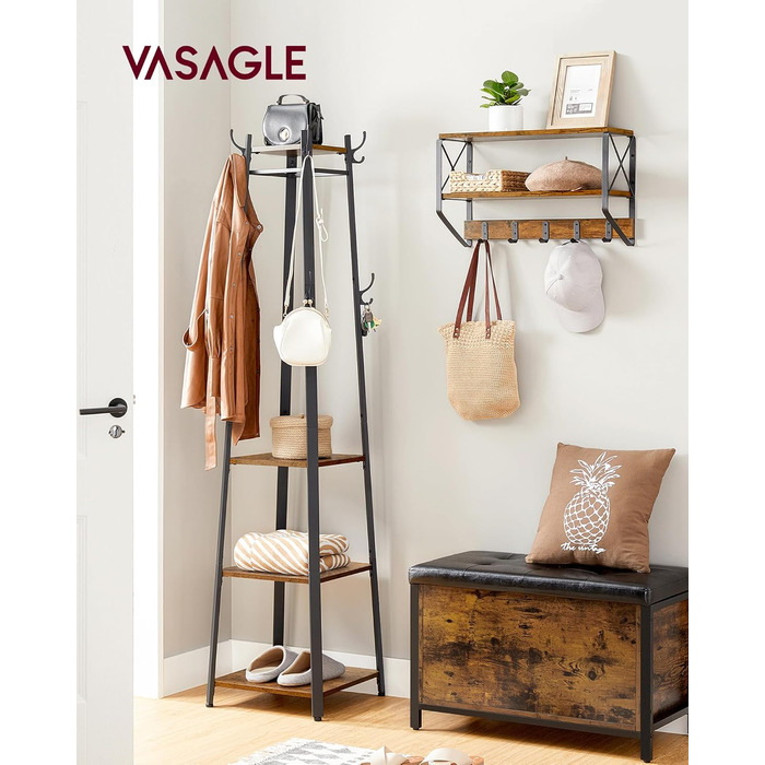 Стійка для одягу VASAGLE з 8 гачками, 4 полицями та перекладиною, металевий каркас, для шарів, курток, сумок, для прихожого, золотий дуб + білий (вінтажний коричневий + чорний)