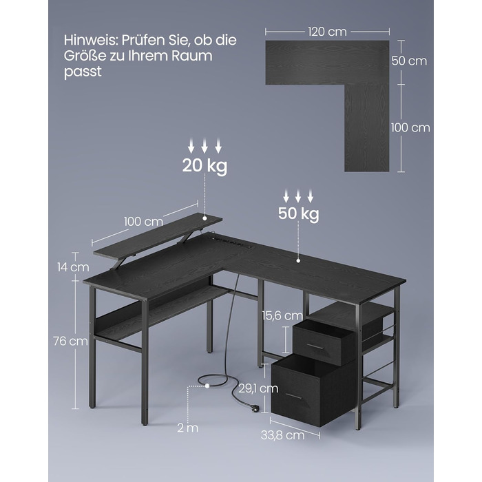 Комп'ютерний стіл VASAGLE L-подібний з розетками, LED-підсвічуванням та USB-портами, 150 x 120 x 76 см, чорний, LWD095B01