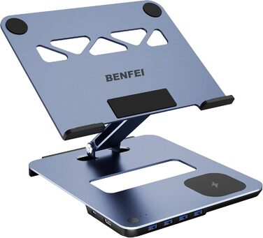 Підставка для ноутбука BENFEI з алюмінію з USB-C док-станцією 6в1, 15W Mag-Safe зарядкою, USB 3.0 KVM Switch, HDMI 4K@60Hz, 4*USB3.0, 100W PD для MacBook Pro/Air iPad Pro XPS Thinkpad